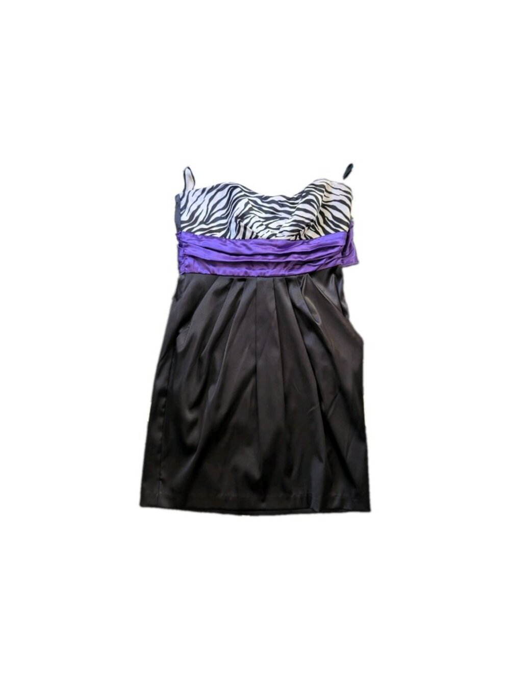 Ruby Roc Strapless Zebra Print Mini Dress Women's 9 Purple Satin Sash Back Bow
